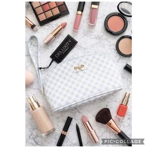 NEW BOW RIBBON GOLDTONE EMBLEM ON GINGHAM COSMETICS MAKEUP BAG ZIPPER